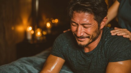 Obraz premium Asian athlete sitting on a therapy bed while a physiotherapist massages an injured leg muscle, professional clinic interior with warm clinical lighting and recovery-focused atmosphere