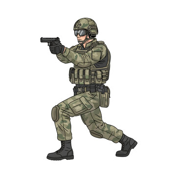 Soldier aiming pistol  isolated on white background