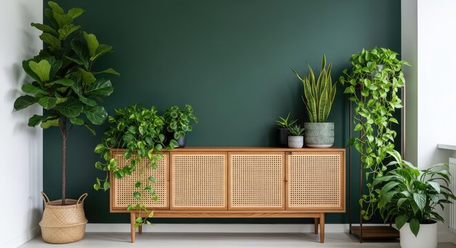 Modern sideboard with houseplants against dark green wall