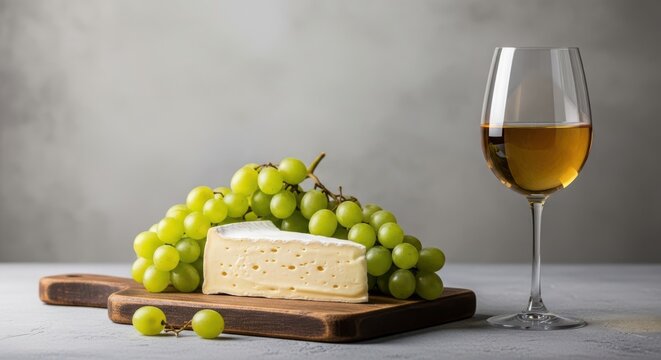 A wedge of brie cheese on a wooden board with green grapes and a glass of white wine