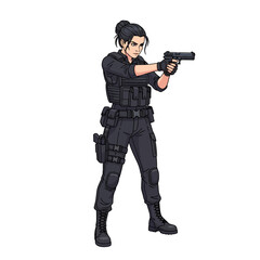 Fototapeta premium Armed female agent in combat gear, ready to shoot, isolated on white