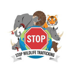 Naklejka premium Wildlife trafficking awareness poster, endangered animals on globe
