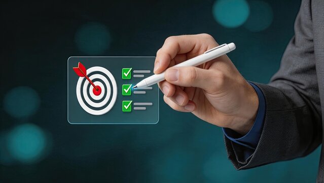 Hand checking target goals list with pen, achievement and success concept, strategic planning and objective completion for business project management or personal development