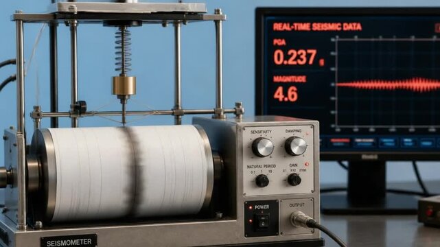 Seismograph Recording Strong Earthquake Activity in Monitoring Station. 4K Video