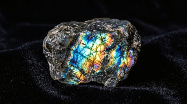 Raw labradorite gemstone displaying vibrant iridescent blue, green, and yellow flashes