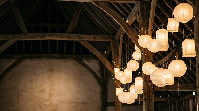 Warm paper lanterns hanging in a rustic wooden barn interior
