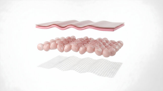 Anatomical cross section diagram displays three main layers of human skin tissue.Promotes educational understanding of structural barrier health. 3D rendering.