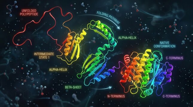 Protein folding pathway from unfolded polypeptide to native conformation