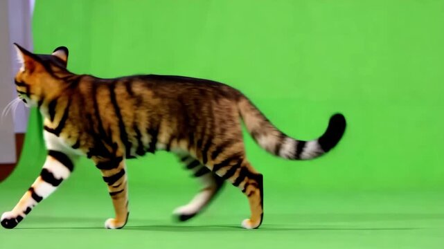 Bengal cat walking and turning on green screen background