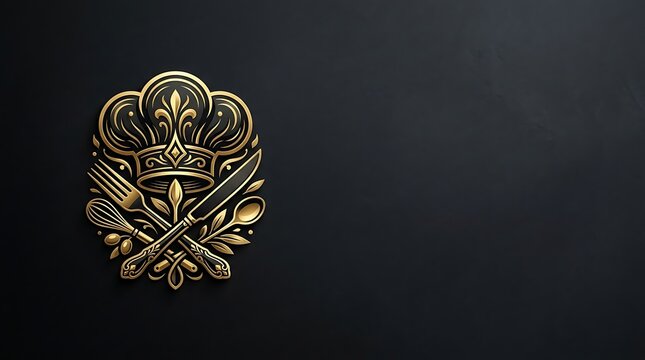 Ornate golden chef hat and crossed cutlery logo on dark background