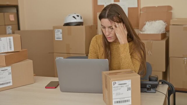 Man and woman check laptop with finger pointing to screen among stacked parcels and packing boxes in building; collaboration problem solving.