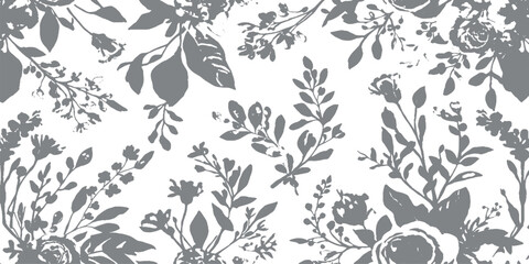 Vintage seamless floral pattern with black ornate swirl decoration elements, nature butterfly silhouette, and leaf design wallpaper vector illustration © creative bithi