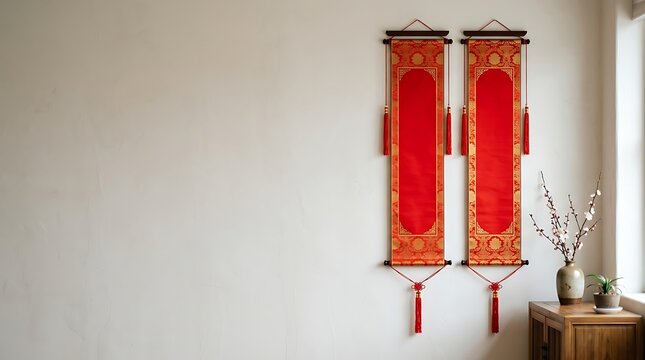Traditional chinese red scrolls on a white wall with plum blossoms
