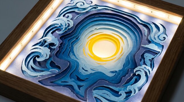 An intricate multi-layered paper-cut art piece inside a wooden shadowbox frame, depicting a human profile silhouette merging with ocean waves and a glowing sun to symbolize inner peace and mental clar