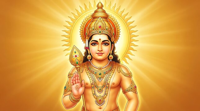 A divine depiction of Lord Murugan, the Hindu god of war, holding his vel weapon amidst a temple setting with ornate pillars and divine light