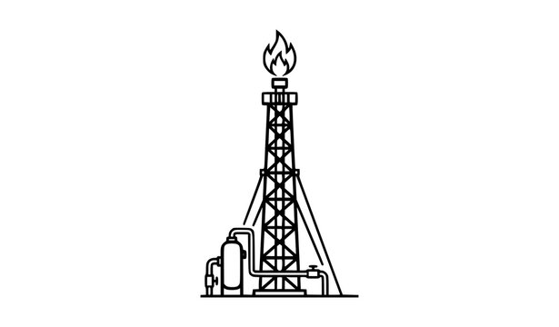 Industrial Gas Flare Stack Tall Structure Burning Excess Gas at Oil Refinery Vector Illustration