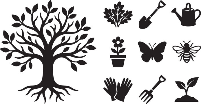 Gardening icons and tree silhouette on white background