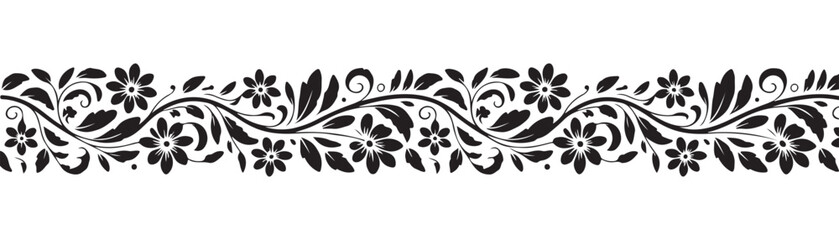 Decorative floral border divider with swirling vines and blooming flower shapes in black vector graphic. © Sen