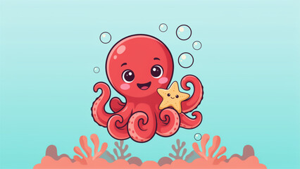 Cute cartoon octopus swimming among colorful seaweed and coral in a vibrant underwater scene Vector © adobe stock 
