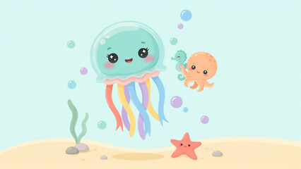 Cute cartoon octopus playing with jellyfish and starfish in a colorful underwater scene Vector © adobe stock 