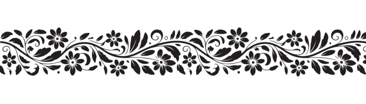 Decorative floral border divider with swirling vines and blooming flower shapes in black vector graphic.