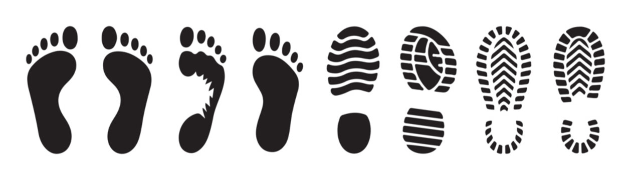 Footprint track set with human bare feet and various boot shoe tread patterns for movement design art.