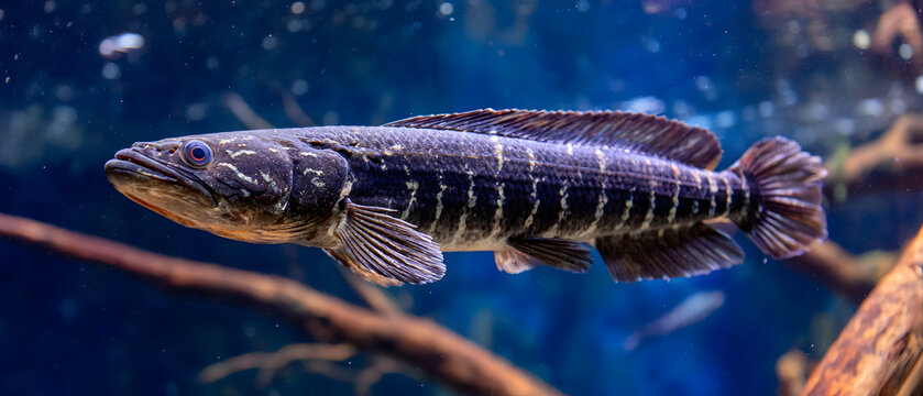 A snakehead fish swimming in an aquarium; an illustration of an aquatic animal.
