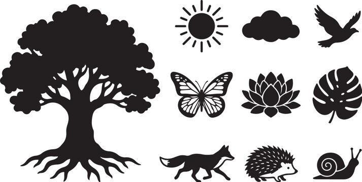 Black silhouettes of nature and forest animals icons