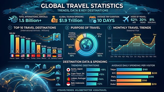 Global travel statistics infographic with data charts and trends.