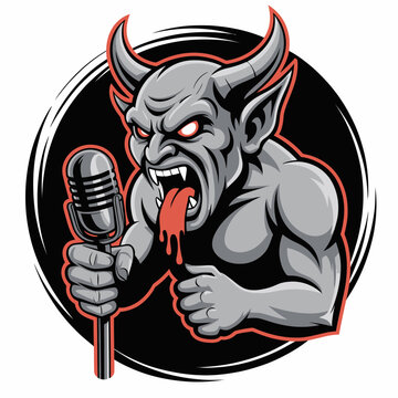 Gray cartoon devil with microphone.
