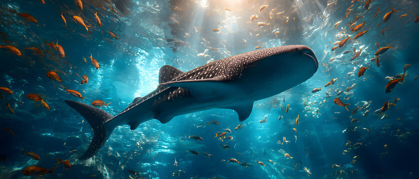 A whale shark swims in the deep blue sea, surrounded by colorful fish. An underwater animal background illustration.