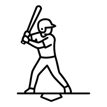 Minimalist baseball player icon, batter swinging bat at home plate linear vector graphic