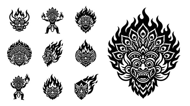 Collection of Balinese Barong Masks and Fire Elements, Traditional Indonesian Art