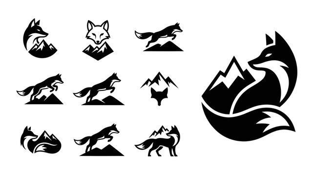 Fox Mountain Logo Collection: Silhouette Icons of Foxes and Peaks