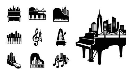 Piano Cityscape Icons: Music, Urban, and Abstract Concepts © khami