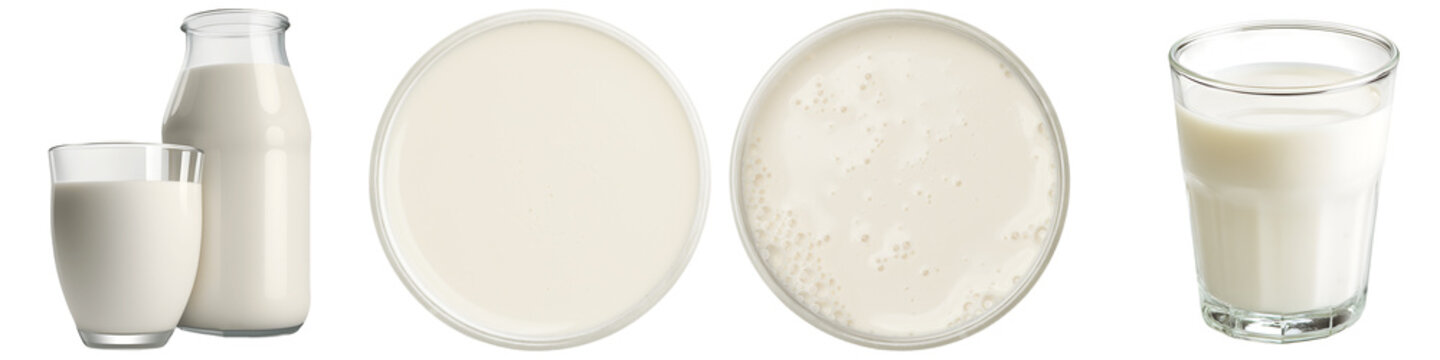 a collection of fresh white milk in a glass and bottle, including overhead views, capturing its purity and creamy texture in a realistic photograph.