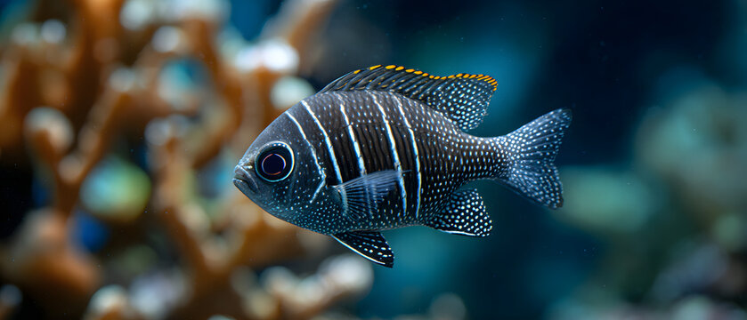 A polka-dotted fish with brown stripes on its body, resembling the marine Dascyllus aruanus humbug dascyllus an underwater animal background illustration.