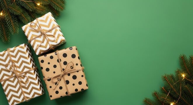 Christmas gift boxes with pine branches on green background