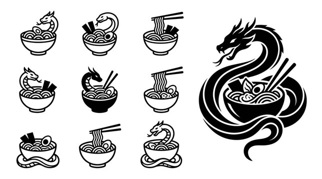 Japanese Ramen Bowl with Dragon and Serpent Illustrations