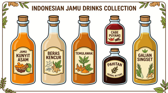 Collection of various traditional Indonesian Jamu herbal drink bottles