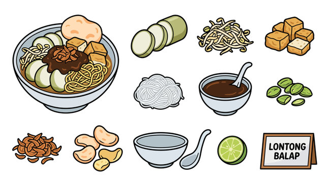 Lontong Balap Surabaya Traditional Indonesian Food Set Vector Illustration with Ingredients, Rice Cake, Bean Sprouts, Tofu, and Noodles