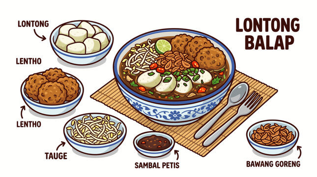 Lontong Balap Surabaya Vector Illustration Set with Lentho, Rice Cake, Bean Sprouts, and Sambal Petis
