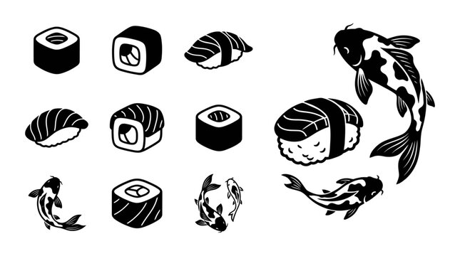 Japanese Sushi & Koi Fish Vector Icons Set - Black and White
