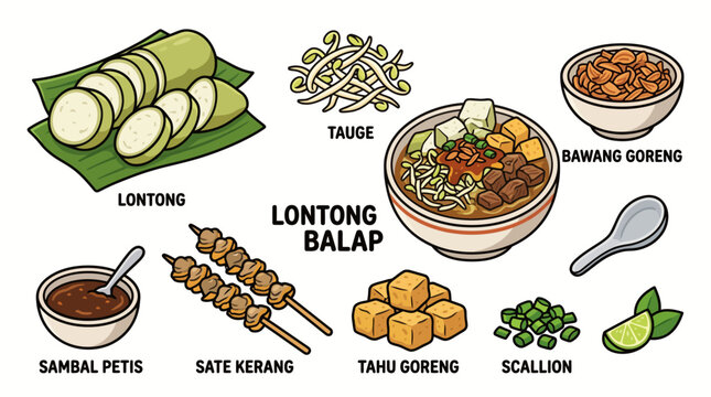 Lontong Balap Traditional Indonesian Food Set Vector Illustration with Sate Kerang, Rice Cake, and Sambal Petis