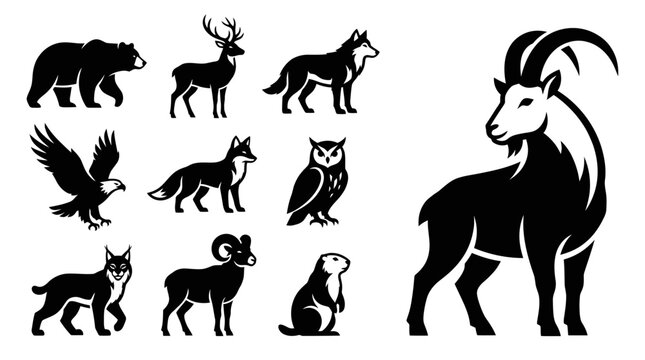 Wild Animal Silhouettes Collection: Bear, Deer, Wolf, Eagle, Fox, Owl, Bobcat, Ram, Marmot, Ibex