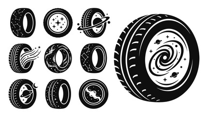 Cosmic Tires: Set of 10 Black and White Tire Illustrations with Space and Galaxy Designs © khami