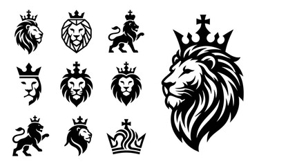 Lion Crown Icons Set Vector Graphic Design Silhouette Royal Majesty Animal Emblem © khami