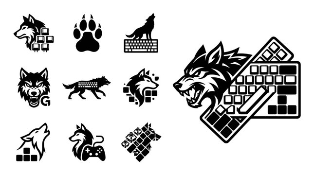 Wolf Gaming Icons: Keyboard, Paw Print, Controller, and Howling Wolf Logos