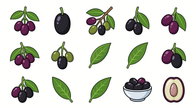 Set of fresh juwet or Java plum fruits with leaves and bowl