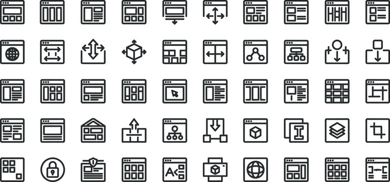 Web wireframe and browser layout line icon bundle for frontend digital user interface development prototyping architecture application grid presentation